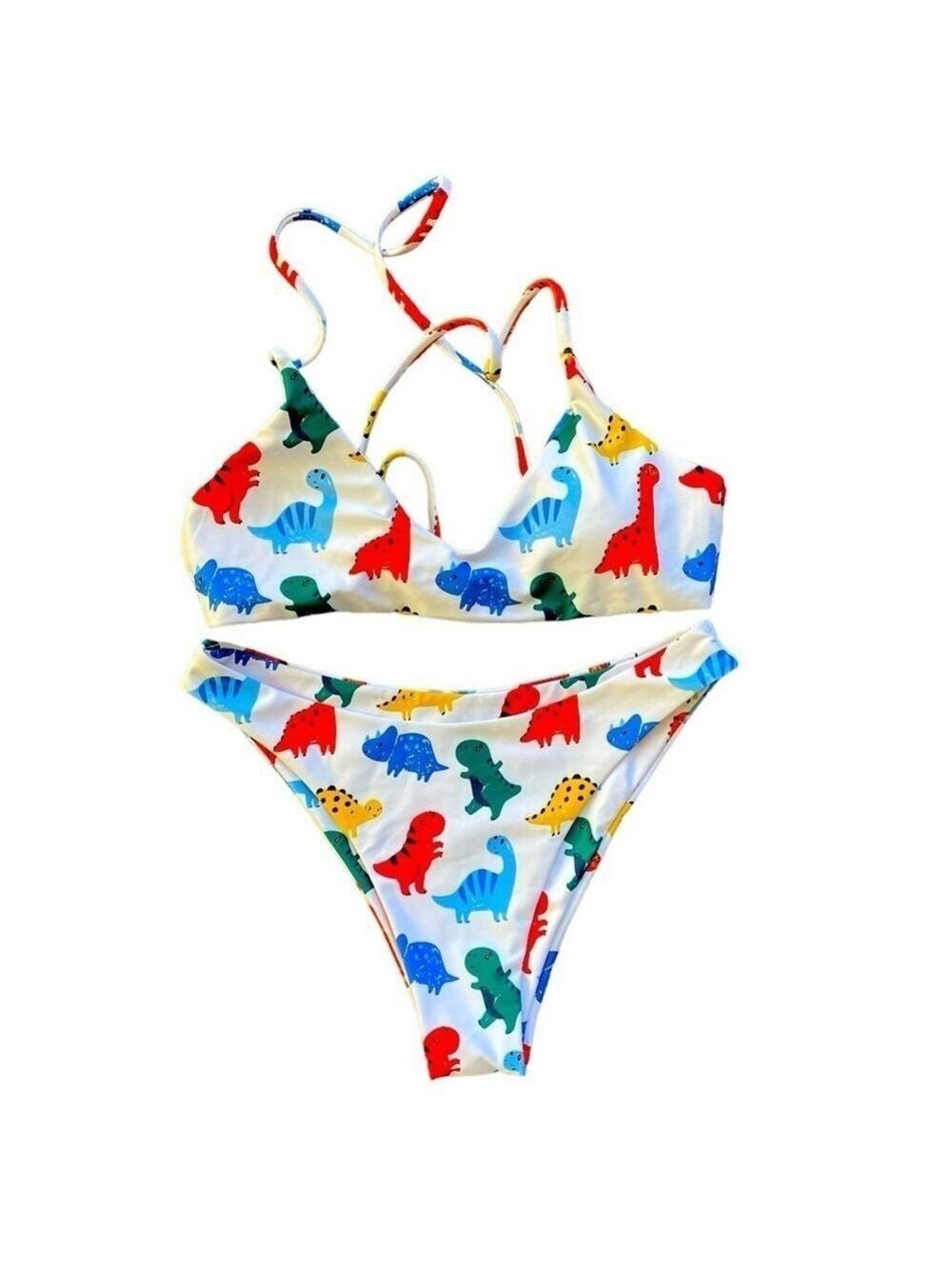 2/$15 Shein White Dinosaur Print Bikini Small